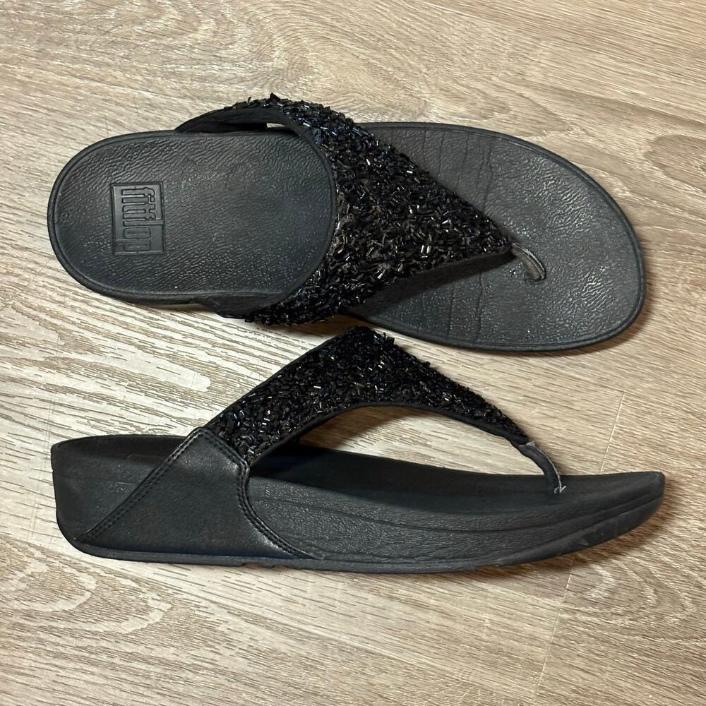 FitFlop Lulu CJ2-090 Black Shimmer Beaded Thong Sandals Women Sz 8 EU 41 Comfort